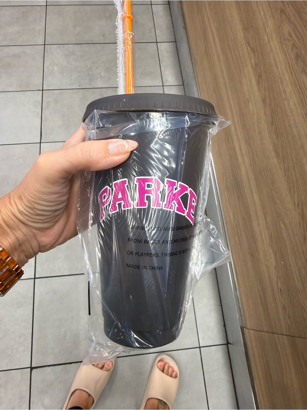 PARKE X DUNKIN Brown Tumbler with Pink Logo and Orange Straw